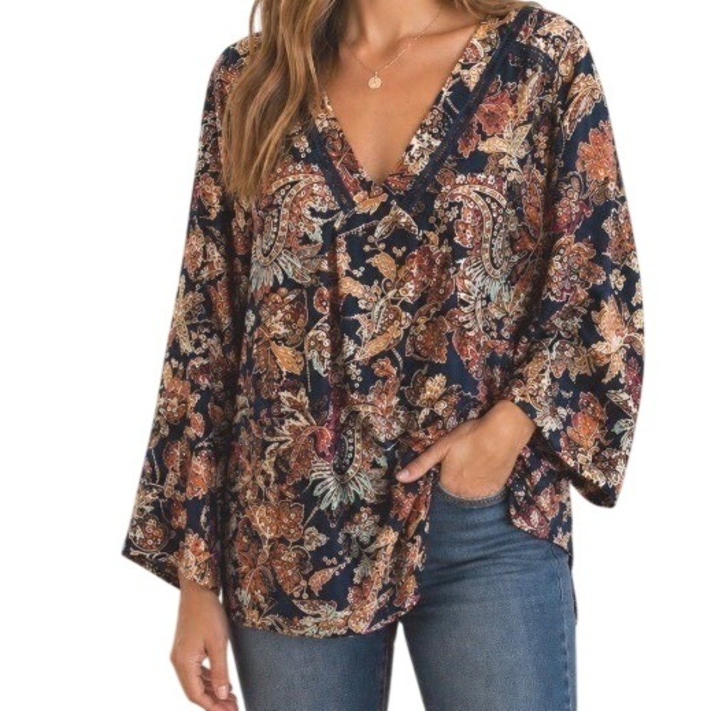 Avenue Sz 14-16 Brown Black NWOT Lightweight Blouse Bell Sleeve V-Neck Top